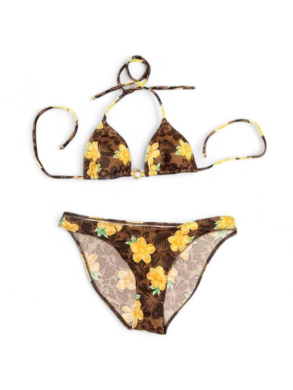 Y2K brown and yellow floral bikini